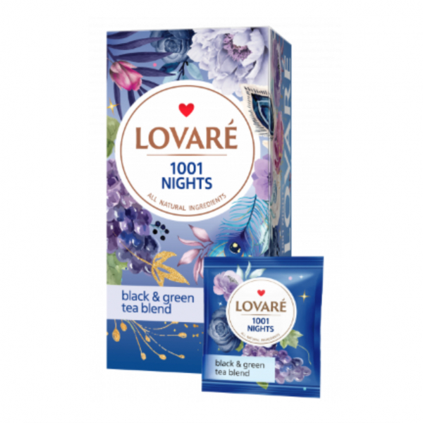 Чай чер зел 24 пак. Lovare 1001 НІЧ Виноград Пелюстки квітів Яблуко Гібіскус - Фото 1