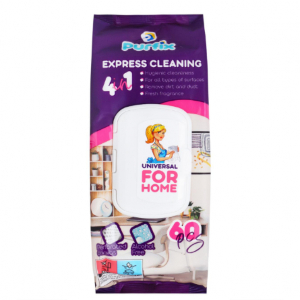 Серветки вологі для прибирання УНІВЕРСАЛЬНІ Purfix, 60 шт - Фото 1