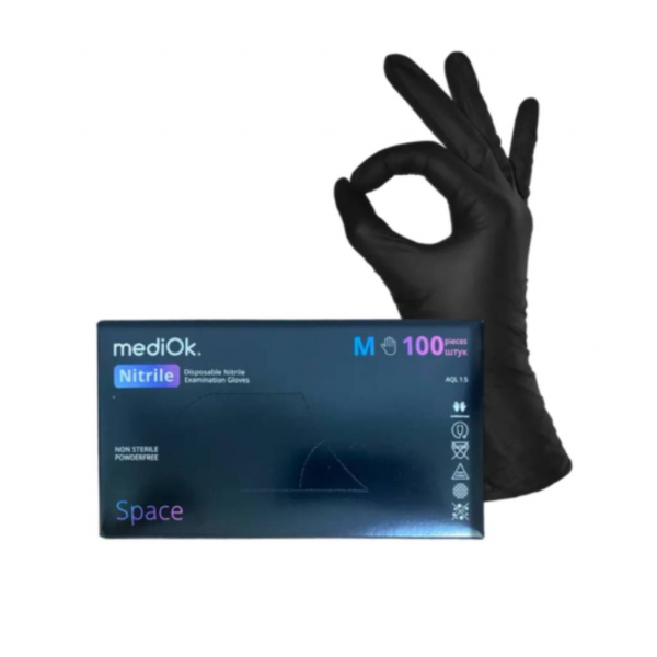 Рукавички нітрілові 3,7г М SPACE mediOk (100шт./уп.), чорні - Фото 1