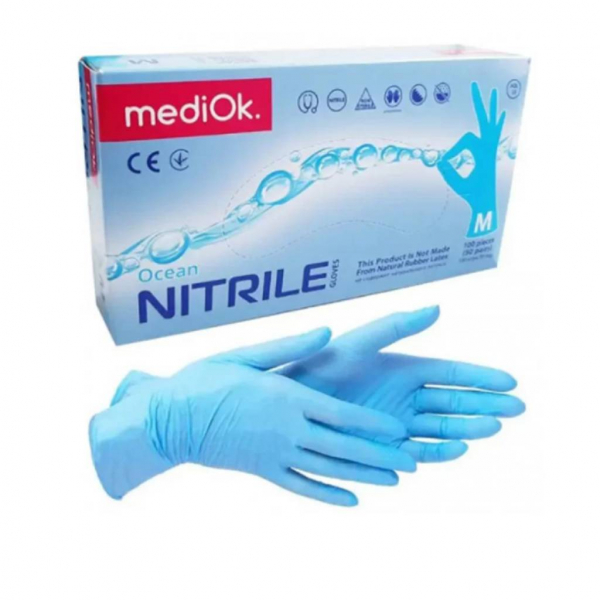 Рукавички нітрілові 3,5г М mediOk Nitrile BlueSky (100шт./уп.), сині - Фото 1