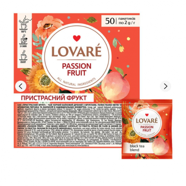 Чай чорний 50 пак. Lovare ПРИСТРАСТНИЙ_ФРУКТ Персик Пелюстки квітів Апельсин Гібіскус - Фото 1